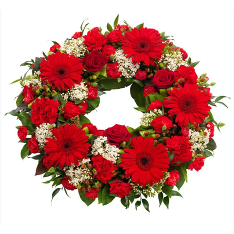 "Lush Red Roses & Gerbera Wreath"