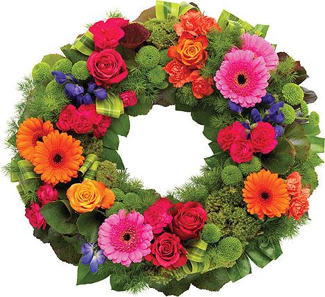 Vibrant Flower Wreath: Lime, Purple, Orange